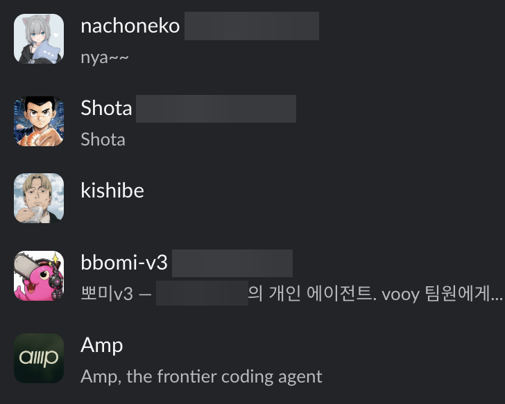팀 에이전트 목록 앞부분. 사람 이름은 블러 처리했습니다.